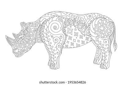 Beautiful monochrome illustration for coloring book page with stylized rhino silhouette isolated on the white background