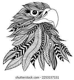 Beautiful monochrome illustration for coloring book page. Hand-drawn figure of an eagle with patterns