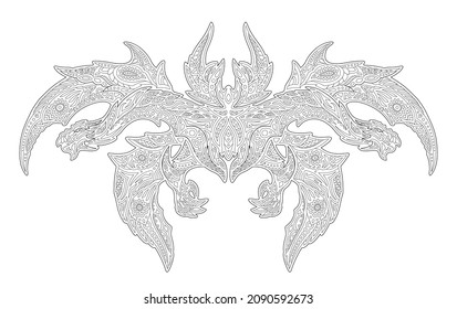 Beautiful monochrome linear fantasy vector illustration for adult coloring book page with two headed dragon silhouette on the white background