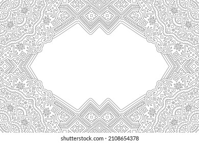 Beautiful monochrome linear fantasy vector illustration for adult coloring book page with abstract rectangle border and white copy space