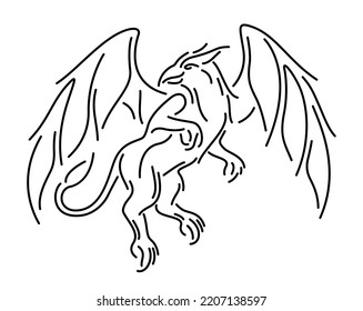 Beautiful monochrome linear fantasy vector illustration with decorative griffin isolated on the white background