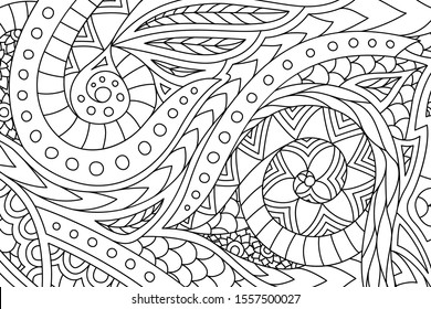 Beautiful monochrome linear illusration for coloring book page with hand drawn abstract pattern