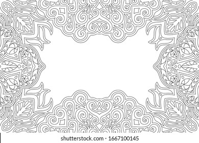 Beautiful monochrome linear illustration for adult coloring book with vintage rectangle border and white copy space