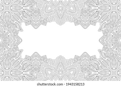 Beautiful monochrome linear illustration for adult coloring book page with abstract rectangle border and white copy space