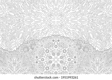 Beautiful monochrome linear illustration for adult coloring book page with stylized sunny landscape
