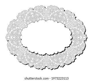 Beautiful monochrome linear illustration for adult coloring book page with isolated abstract vintage floral frame and white copy space