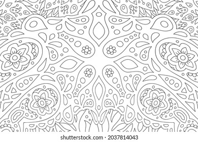 Beautiful monochrome linear illustration for adult coloring book with abstract floral pattern