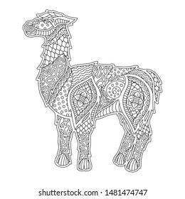 Beautiful monochrome linear illustration for coloring book with lama silhouette on white background