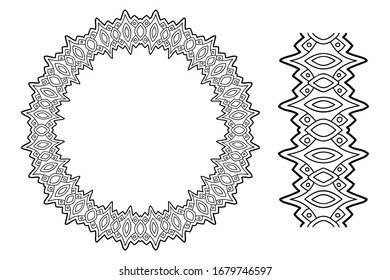 Beautiful monochrome linear illustration for coloring book page with abstract circle pattern and paint brush isolated on white background