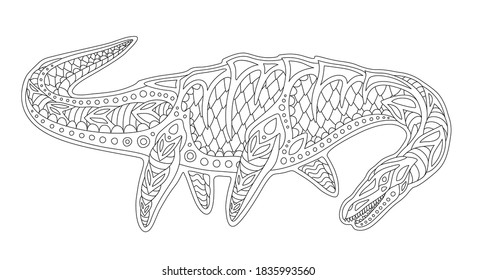 Beautiful monochrome linear illustration for coloring book page with plesiosaur silhouette isolated on the white background