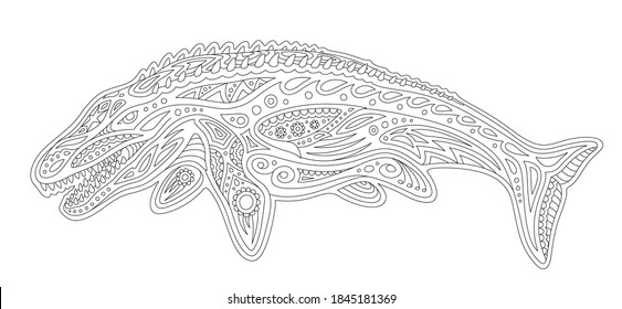 Beautiful  monochrome linear illustration for coloring book page with decorative mosasaur silhouette isolated on the white background