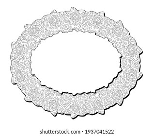 Beautiful monochrome linear illustration for coloring book page with ellipse floral frame isolated on the white background