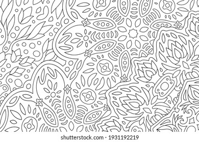 Beautiful monochrome linear illustration for coporing book with abstract floral pattern