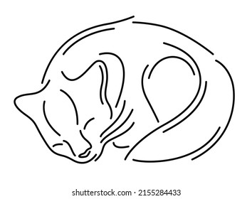 Beautiful monochrome linear illustration with decorative sleeping cat silhouette isolated on the white background