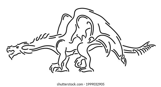 Beautiful monochrome linear illustration with stylized angry european dragon isolated on the white background