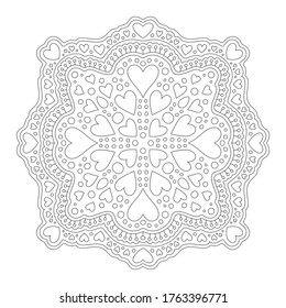 Beautiful monochrome linear pattern for coloring book page with hearts shapes isolated on the white background