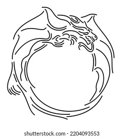 Beautiful monochrome linear round vector frame with decorative dragon isolated on the white background