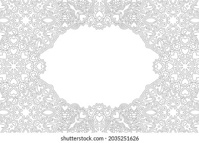 Beautiful monochrome linear vector background for valentines day coloring book page with abstract rectangle border and heart shapes
