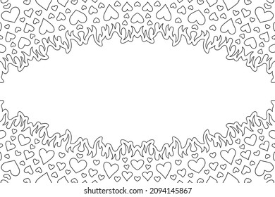 Hermoso fondo monocromo lineal vectorial para la página del libro de coloración del día de San Valentín con formas cardíacas inflamantes y espacio de copia blanca
