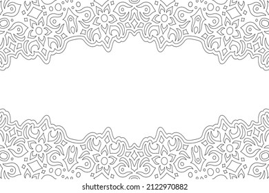 Beautiful monochrome linear vector background for adult coloring book page with abstract floral pattern and white copy space
