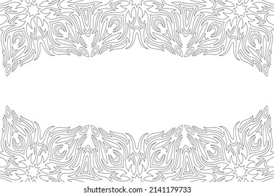 Beautiful monochrome linear vector background for adult coloring book page with abstract vintage border and white copy space