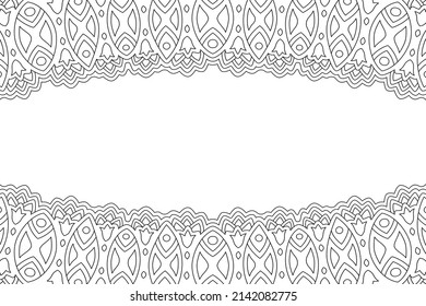 Beautiful monochrome linear vector background for adult coloring book page with abstract tribal border and white copy space