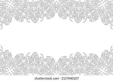 Beautiful monochrome linear vector background for adult coloring book page with abstract vintage border and white copy space