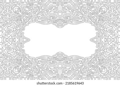 Hermoso fondo monocromo lineal vectorial para la página de libros de coloración para adultos con borde ornamental vintage abstracto y espacio de copia en blanco