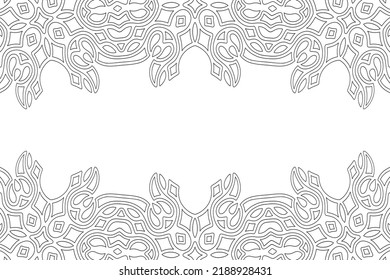 Beautiful monochrome linear vector background for adult coloring book page with abstract geometric border and white copy space