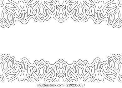 Beautiful monochrome linear vector background for adult coloring book page with abstract vintage border and white copy space