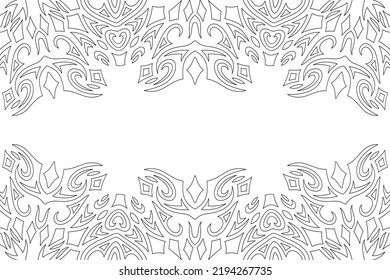 Beautiful monochrome linear vector background for adult coloring book page with abstract ornate geometric border and white copy space