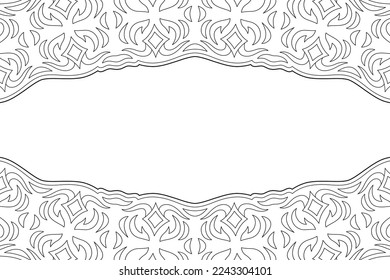 Beautiful monochrome linear vector background for adult coloring book page with abstract vintage border and white copy space