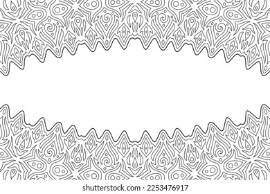 Beautiful monochrome linear vector background for adult coloring book page with abstract vintage border and white copy space