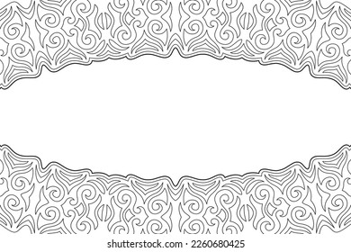 Beautiful monochrome linear vector background for adult coloring book page with abstract vintage border and white copy space