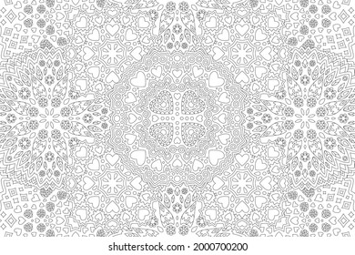 Beautiful monochrome linear vector illustration for valentines day coloring book with detailed floral pattern on the white background