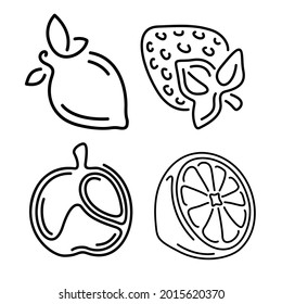 Hermosa ilustración vectorial lineal monocromática con frutos estilizados aislados en el fondo blanco