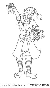Beautiful monochrome linear vector illustration for coloring book page with cartoon christmas elf and present isolated on the white background