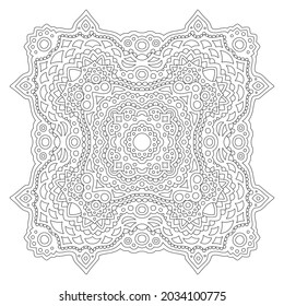 Beautiful monochrome linear vector illustration for adult coloring book page with abstract square eastern pattern isolated on the white background