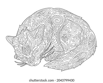 Beautiful monochrome linear vector illustration for adult coloring book page with stylized cartoon sleeping cat isolated on the white background