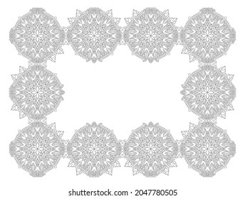 Beautiful monochrome linear vector illustration for adult coloring book page with abstract floral frame isolated on the white background
