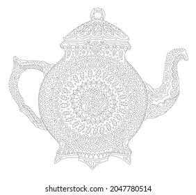 Hermosa ilustración monocromática lineal vectorial para la página de libros de coloración para adultos con tetera decorativa aislada en el fondo blanco