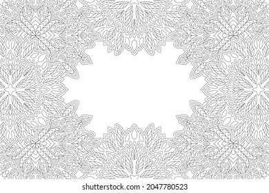 Beautiful Monochrome Linear Vector Illustration For Adult Coloring Book Page With Abstract Rectangle Floral Border And White Copy Space