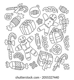 Beautiful monochrome linear vector illustration for coloring book page with hand drawn christmas toys set