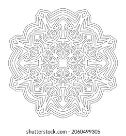 Schöne monochrome lineare Vektorgrafik zur Färbung der Buchseite mit abstraktem Stammmuster einzeln auf weißem Hintergrund