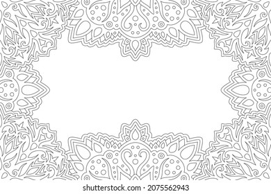 Hermosa ilustración monocromática lineal vectorial para la página de libros de coloración para adultos con borde de fantasía abstracto y espacio de copia blanca