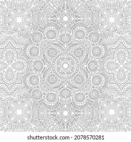 Beautiful monochrome linear vector illustration for adult coloring book with detailed abstract black square tribal pattern on the white backgound