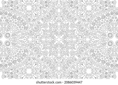 Beautiful monochrome linear vector illustration for adult coloring book with abstract floral pattern on the white background
