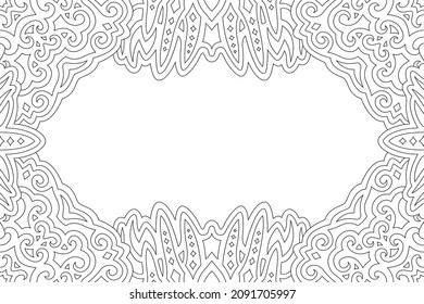 Beautiful monochrome linear vector illustration for adult coloring book page with abstract vintage tribal border and white copy space