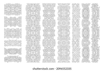 Hermosa ilustración monocromática lineal vectorial para página de libros de coloreado adulto con pinceles tribales abstractos de pintura sin costura fijados en el fondo blanco