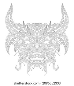 Beautiful monochrome linear vector illustration for adult coloring book page with tribal vintage decorative demon head isolated on the white background